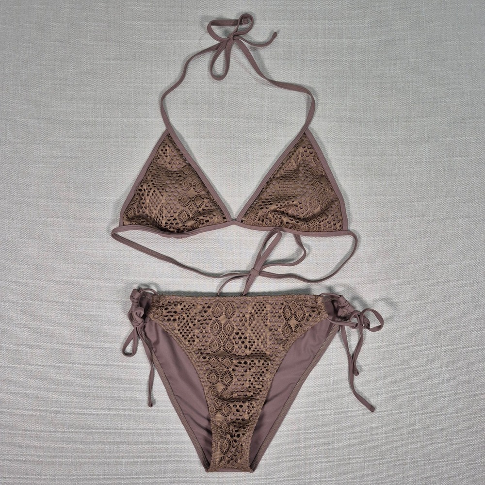 Zaful Women Brown Crochet Triangle Halter Bikini Set Side Tie Size L NWOT